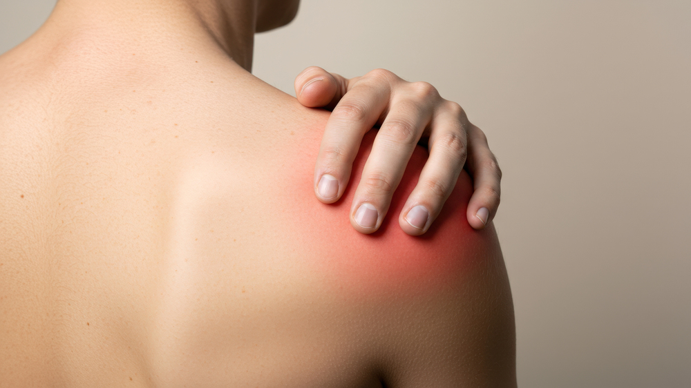 어깨관절 통증으로 어깨를 잡고 있는 모습